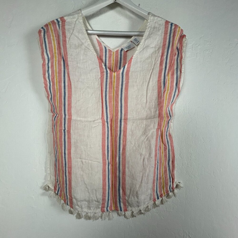 Antibes Blanc Womens Multi-Color Striped V-Neck Linen Top Medium Tassel Hem